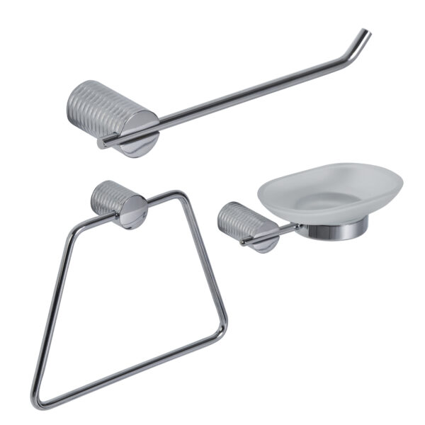 Wall Mounted Polished Steel Bathroom Accessories 3 Piece Set (Soap Dish, Toilet Roll Holder, Towel Ring) Vitality - Shower Accessories