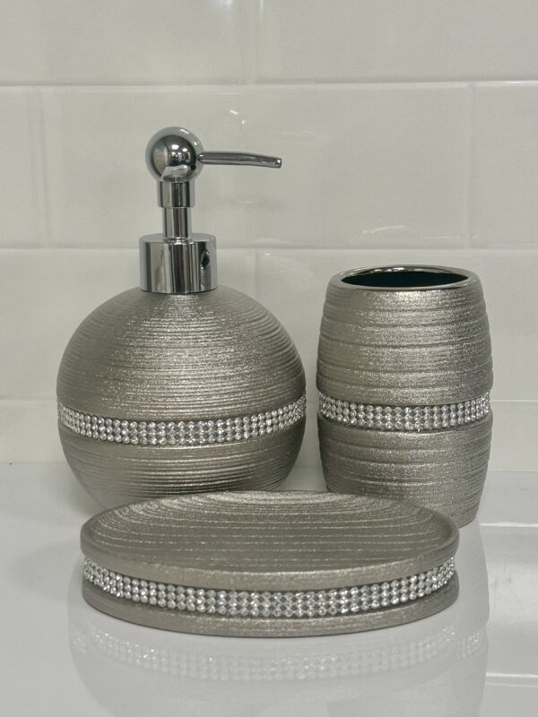 Pzazz Silver Diamante Set of 3 Bathroom Accessories - Bathroom Accessory Sets